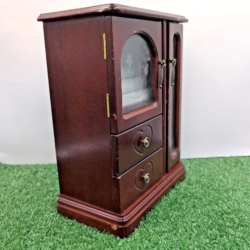 Brown Wooden Floral Heart Jewelry Box with Mirror, Drawers, Hooks, Velvet Lining
